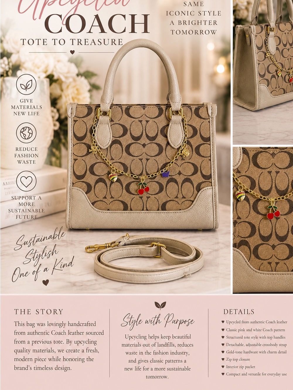 Coach Beige and Brown Signature Canvas Tote with Gold Charm Chain